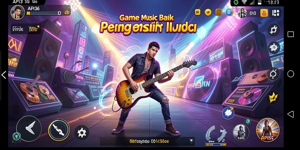 Tampilan gameplay interaktif dalam API36 yang menampilkan berbagai alat musik.