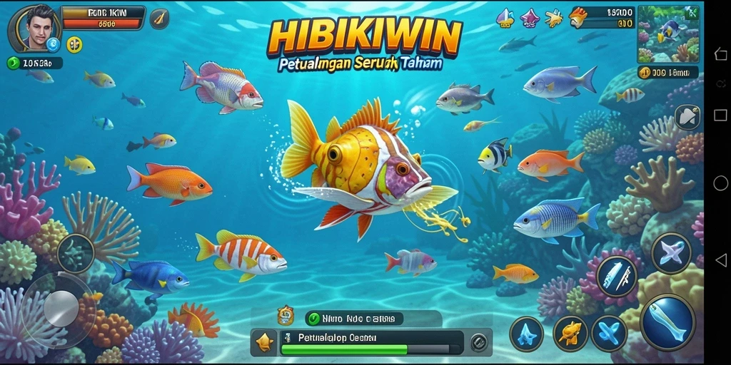 Tangkapan layar menampilkan aksi seru dalam HIBIKIWIN saat menangkap ikan.