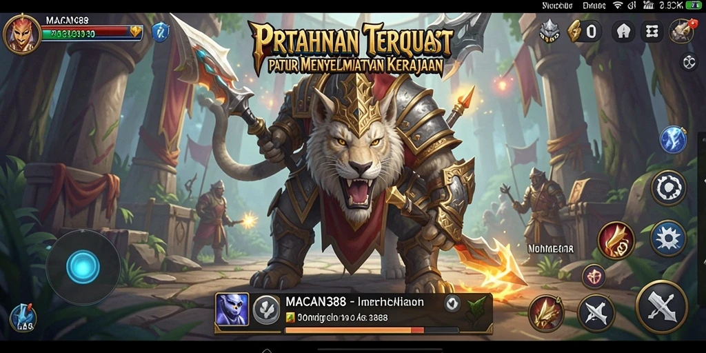 Screenshot gameplay MACAN388 menampilkan serangan menara melawan musuh.