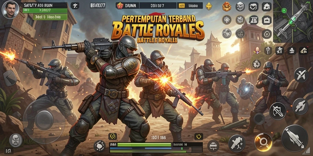 Screenshot utama SATU77 menunjukkan aksi intens di arena Battle Royale.