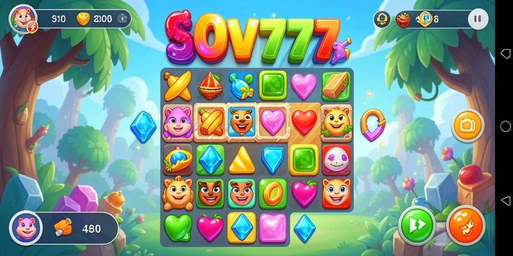 Screenshot utama SOV777 menampilkan aksi seru permainan Match-3.