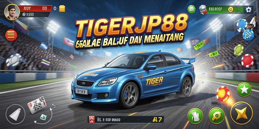 Tampilan gameplay seru dari TIGERJP88 dengan mobil balap yang beraksi.