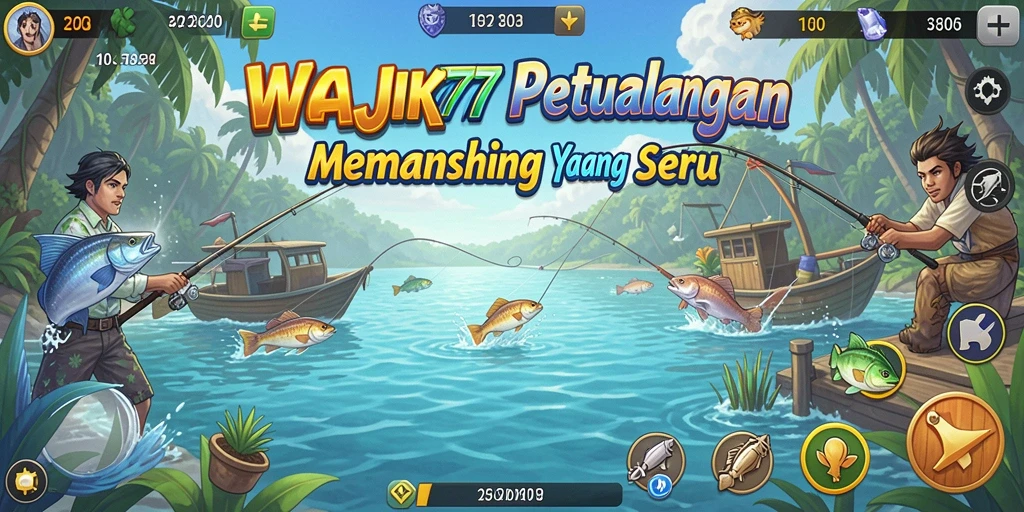 Screenshot gameplay WAJIK777 menampilkan aksi seru memancing di lautan.